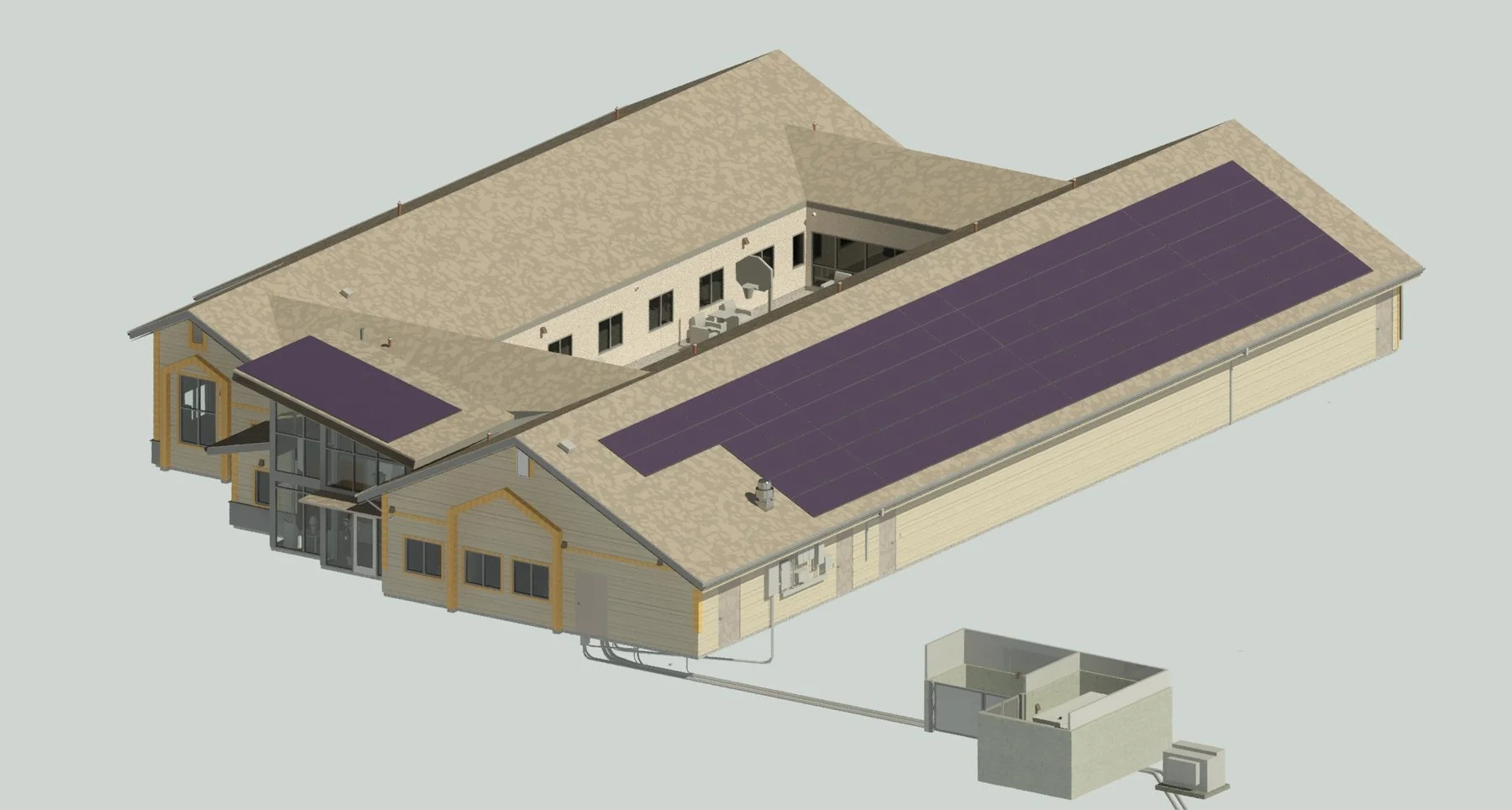 Render of the building with rooftop PV and generator enclosure