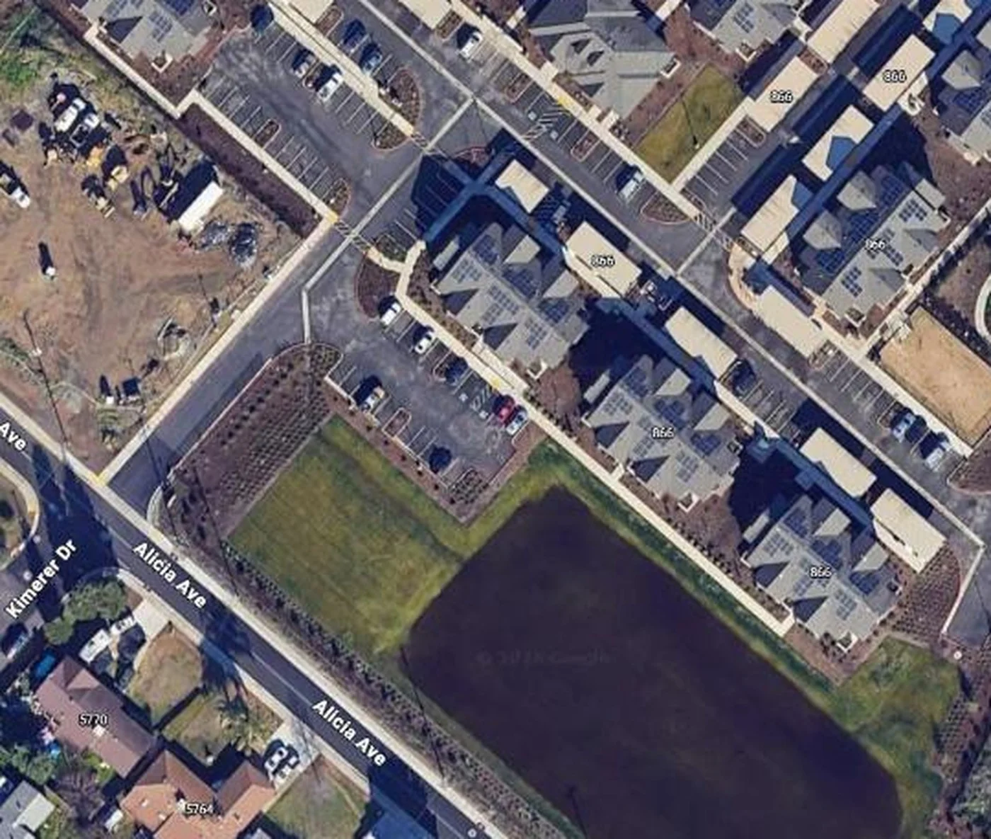 Satellite view of the Cedar Lane Family Apartments rooftop solar arrays across twelve buildings