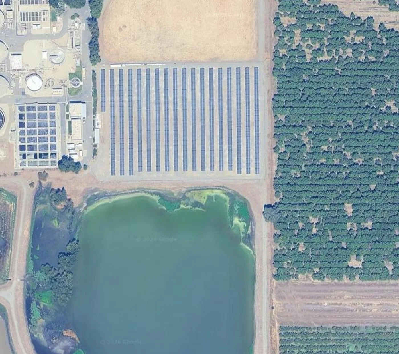 Satellite view of the Chico WWTP ground-mount solar array beside the treatment plant and retention pond