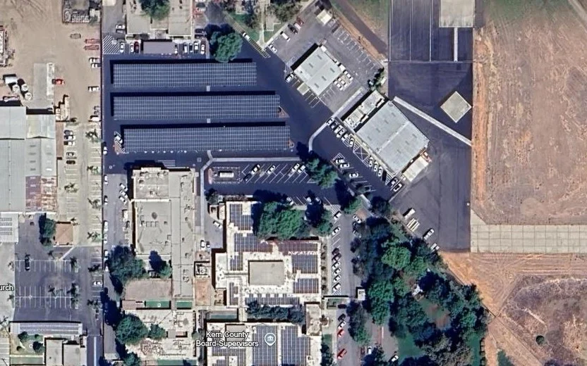 Satellite view of the Kern County Sheriff/Board of Supervisors site, parking canopy PV installation area