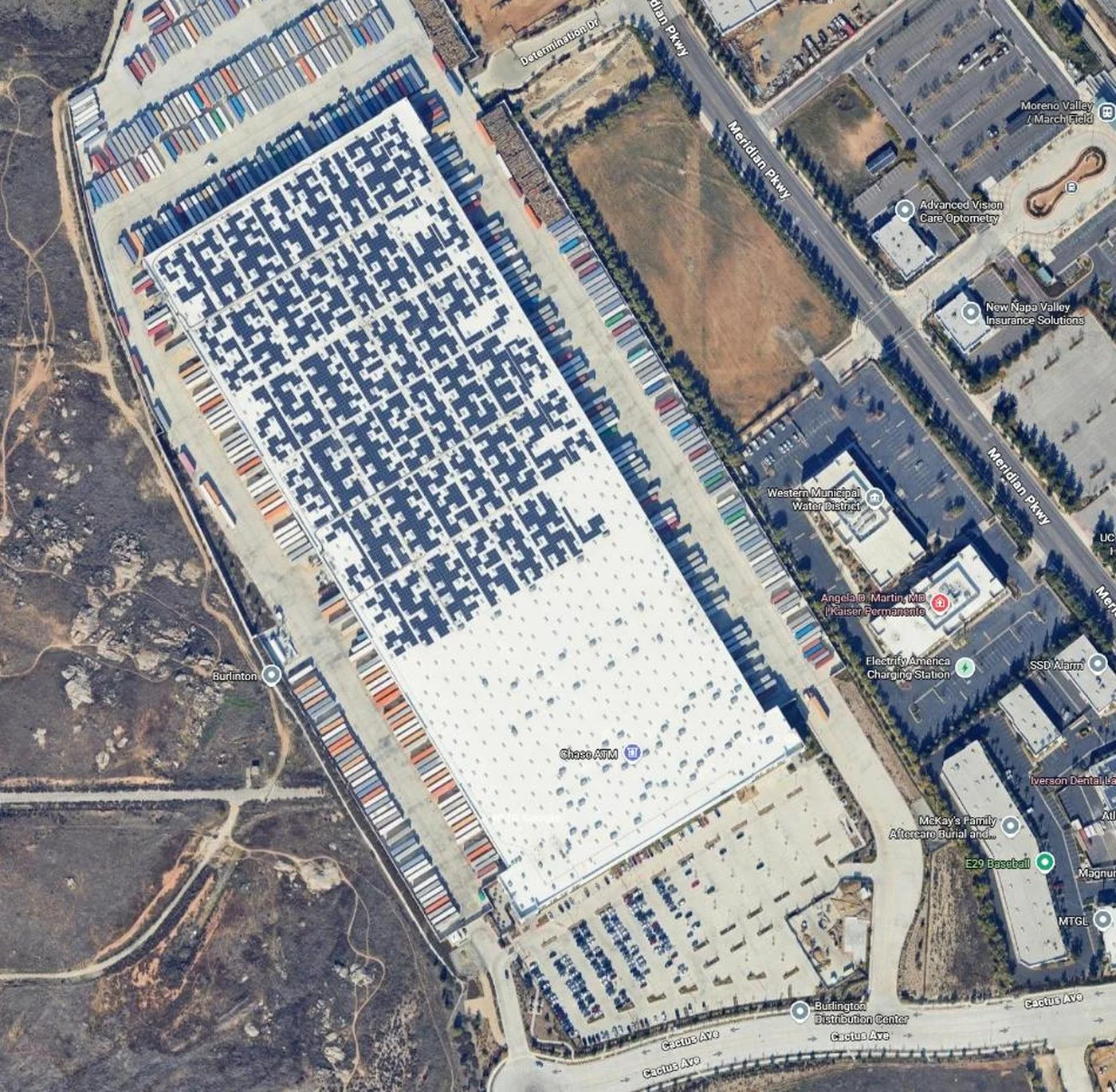 Satellite view of the Meridian Park West rooftop solar array on the distribution warehouse building