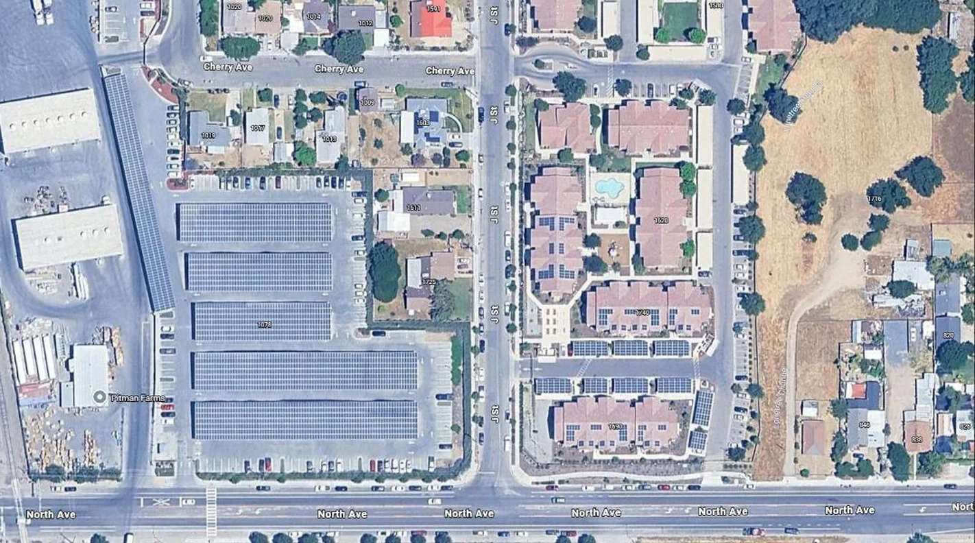 Satellite view of the Sanger Crossing Apartments buildings, rooftop PV installation area