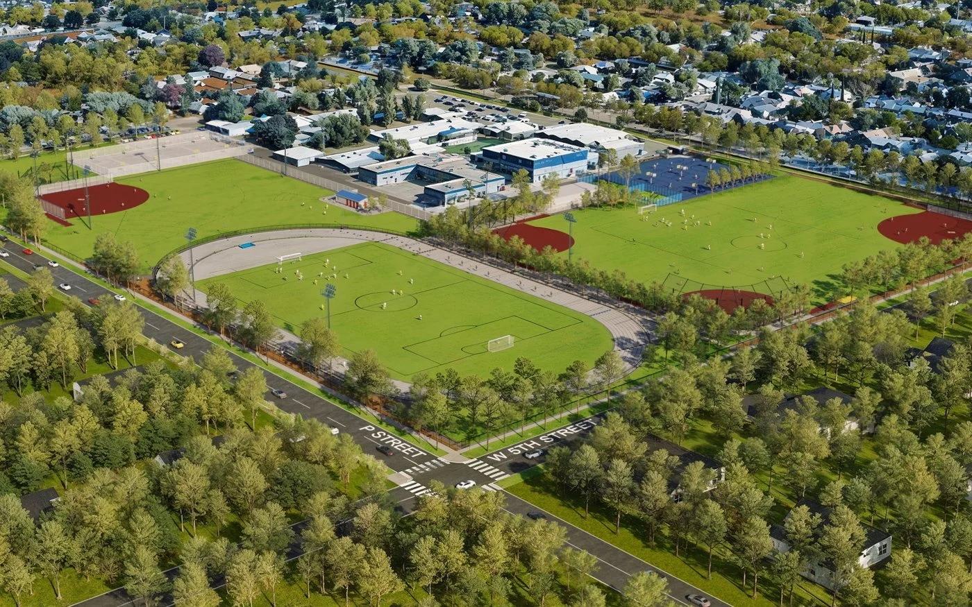 Architect's aerial render of the Tenaya Middle School sports fields and running track